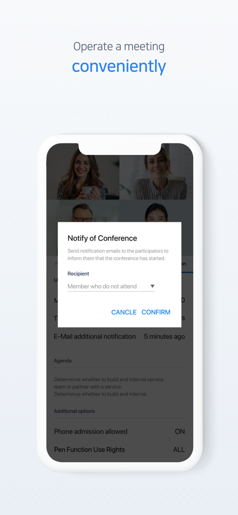 Brity Meeting 브리티 미팅 - Mobile screen of Brity Meeting app showing a Notify of Conference popup over a four-person video call