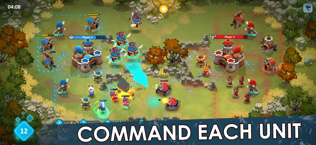 A real-time strategy battle in Wild Forest showing two players commanding units on a forest map