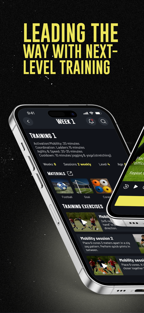 Mobile screen showing a weekly soccer training schedule with mobility and coordination drills