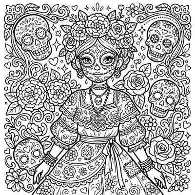 Dive into a charming fusion of culture and cuteness with this Kawaii Day of the Dead fashion coloring page. Featuring an adorable sugar skull girl adorned in a beautiful dress and floral crown, surrounded by festive details, it's perfect for celebrating Día de los Muertos.
