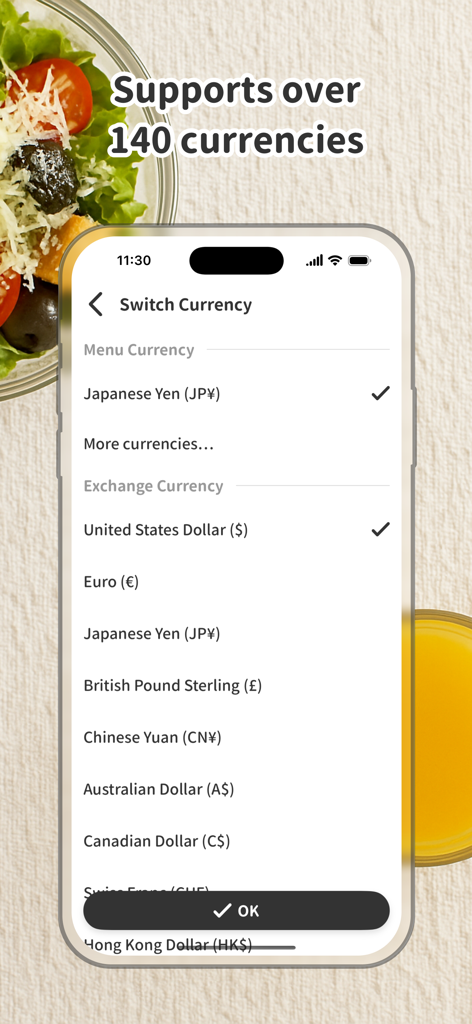 Menuie: AI Menu Translator - Una pantalla de teléfono móvil de la aplicación Menuie que muestra una lista de monedas internacionales admitidas para la traducción de precios mientras se cena en el extranjero.