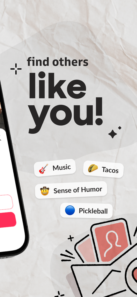 A promotional screen from the Mutual LDS Dating app featuring the text find others like you alongside interest tags like music tacos and pickleball