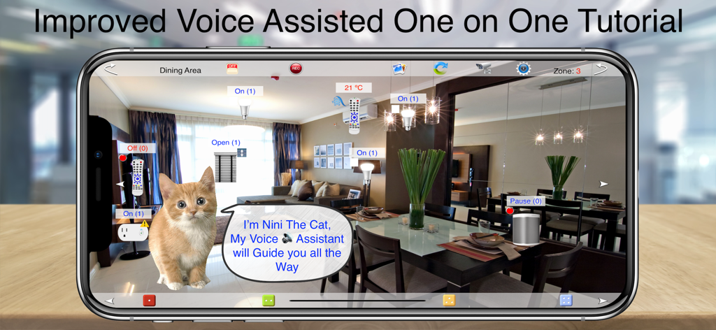 HOS Smart Home app voice assisted tutorial featuring Nini the Cat