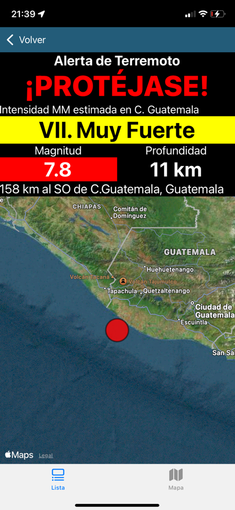 INSIVUMEH Alerta de Terremotos - グアテマラ near epicenter の震源地付近の地図とマグニチュード 7.8 のイベントを示す INSIVUMEH アプリの地震アラート。