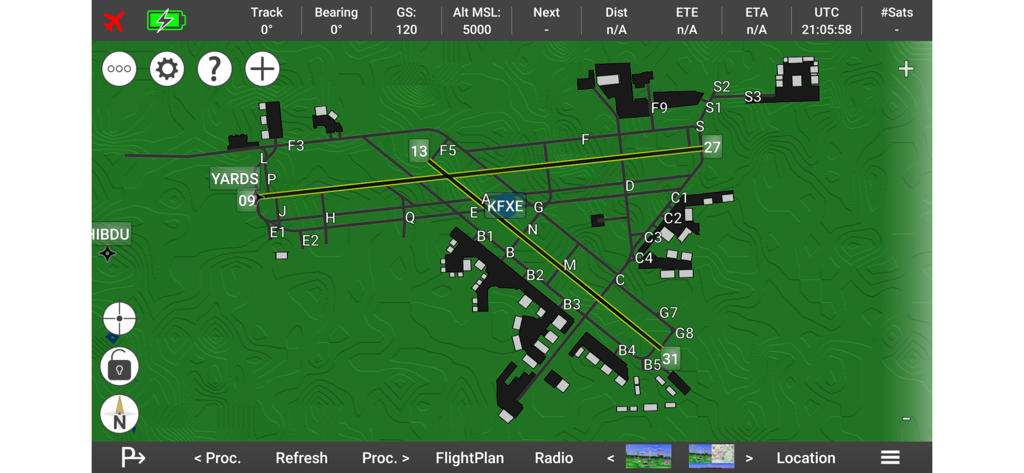 Detailed airport layout showing runways and taxiways on Horizon Portable Glass Cockpit