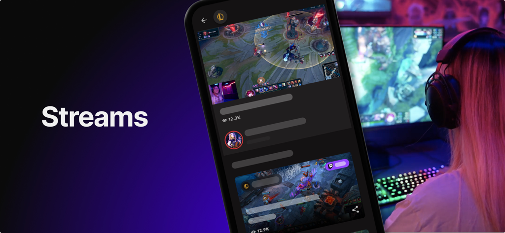 Riot Mobile - Interface of the Riot Mobile app showing a feed of live game streams for League of Legends