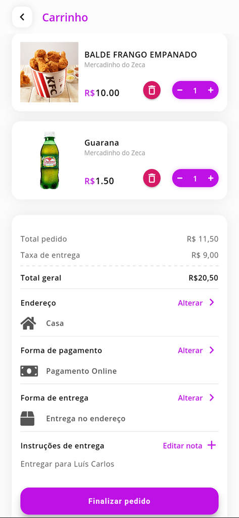 Biggi Delivery - Pantalla del carrito de la aplicación Biggi Delivery mostrando un carrito de compras con artículos de comida, totales del pedido y opciones de pago en portugués.