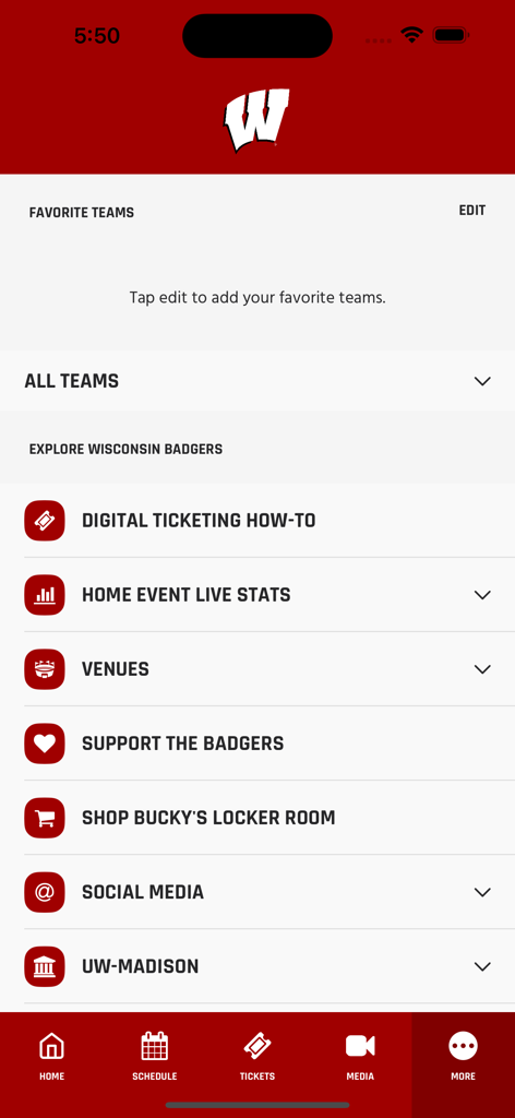 The more menu in the Wisconsin Badgers mobile app showing options for digital ticketing live stats and the fan shop