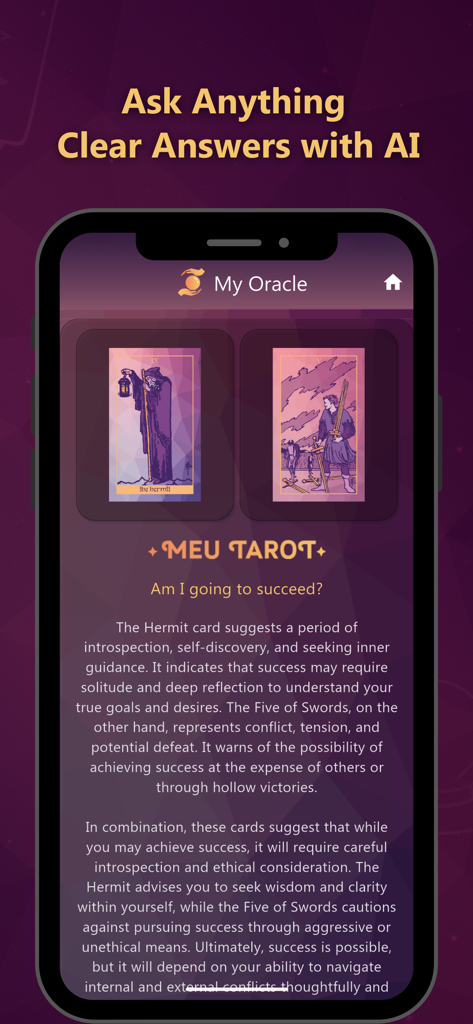 Screenshot of Meu Tarot app showing a tarot reading with AI-generated answers for a question about success.