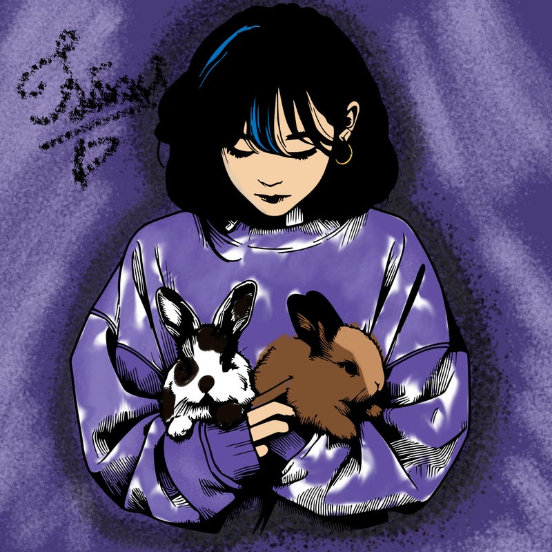 realistic girl with messy bunny baggy sweatshirt and holding bunnies