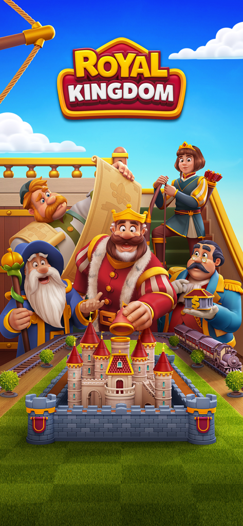 El Rey Ricardo y otros personajes del juego de Royal Kingdom posando con un castillo en miniatura