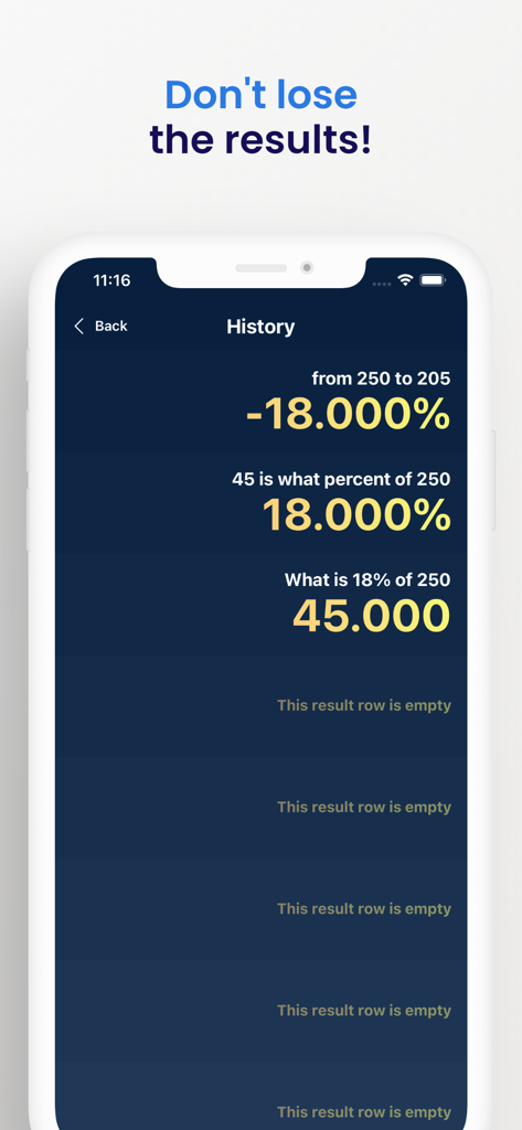 Percentage Calculator - Calc % - Una captura de pantalla del registro de historial en la aplicación Percentage Calculator que muestra una lista de resultados de cálculos anteriores.