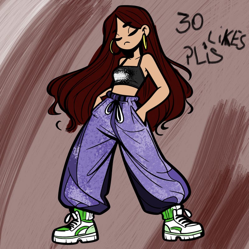 girl in baggy pants crop top and long hair