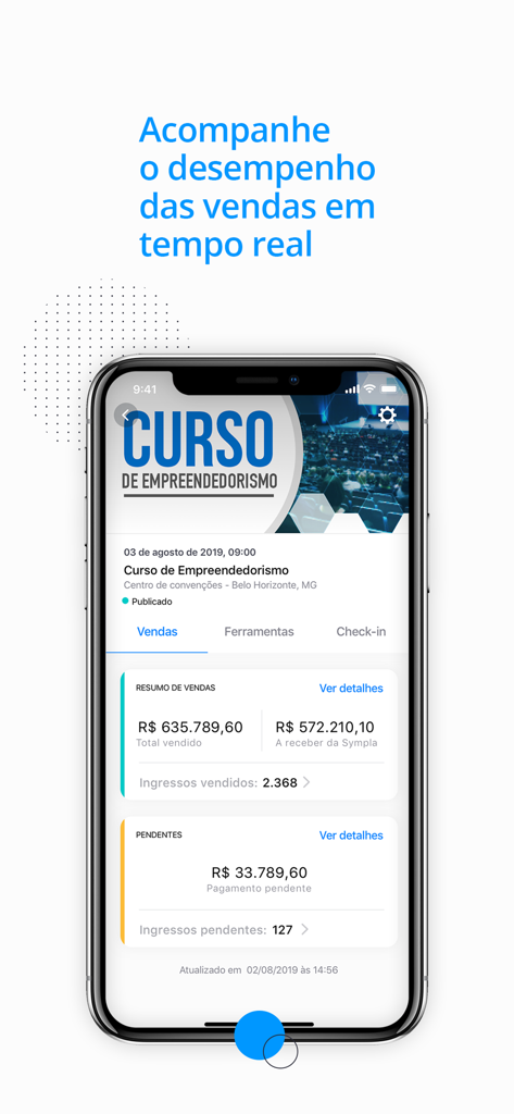 Sympla Organizador - Sympla Organizador app showing real-time event sales performance and ticket statistics on a smartphone