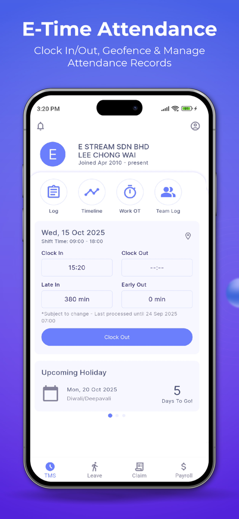 SQL HRMS - SQL HRMS app interface for E-Time Attendance tracking and clocking in or out