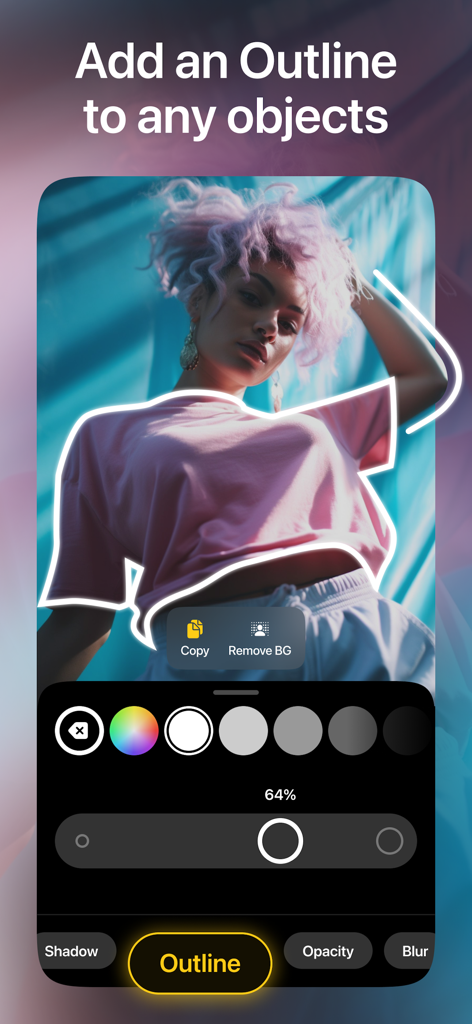 Une personne sur une photo avec un contour blanc lumineux en cours d'édition dans l'application Leto pour les Stories Instagram