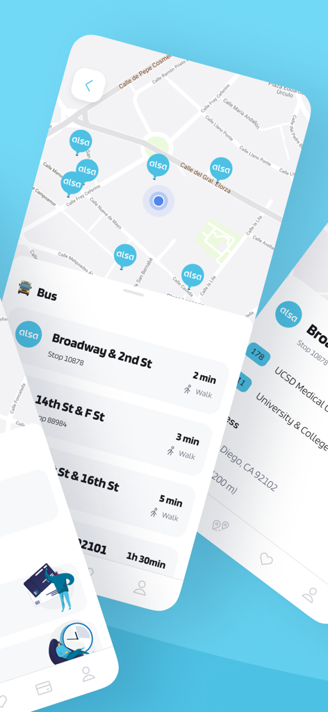Pantalla de la aplicación móvil Alsa Mobi4U que muestra un mapa de ruta de autobús y horarios de llegada