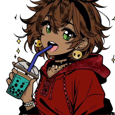 hot baddie anime girl drinking boba and biting the straw