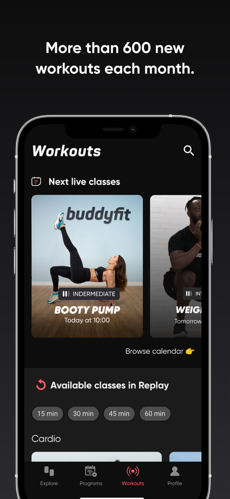 Buddyfit: Exercise at Home - Buddyfit app screen displaying upcoming live classes and on-demand fitness workout replays