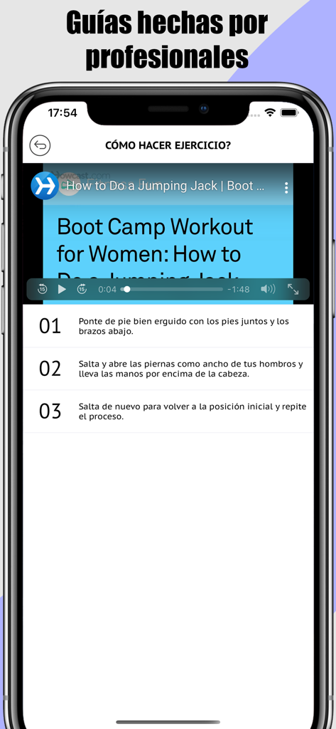 Home Exercises- No Equipment - Fitness app screen displaying a jumping jack video tutorial and step-by-step instructions