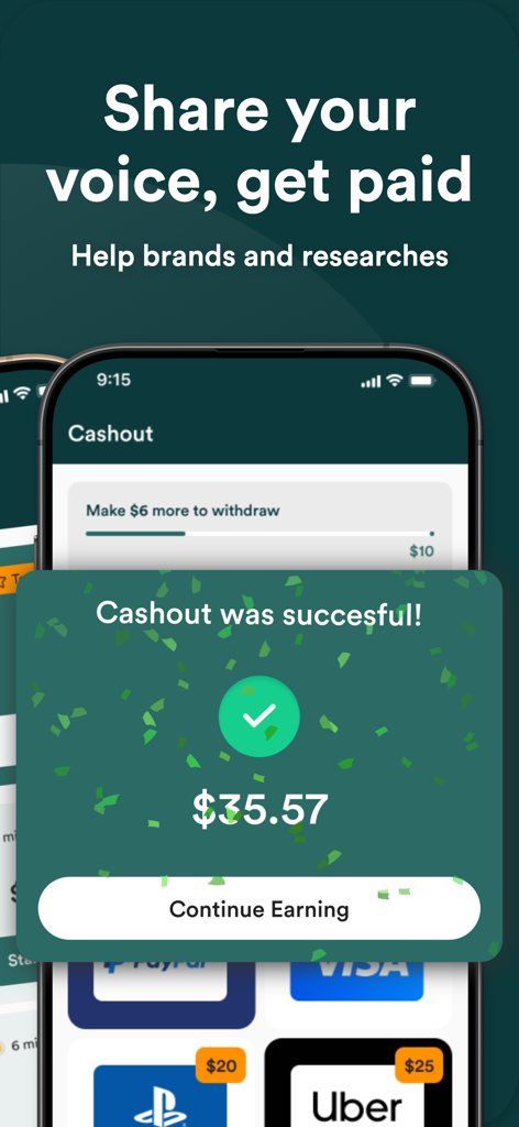 Interfaz de la aplicación MultiPolls mostrando una notificación de retiro exitoso por treinta y cinco dólares con opciones de tarjeta de regalo y PayPal.