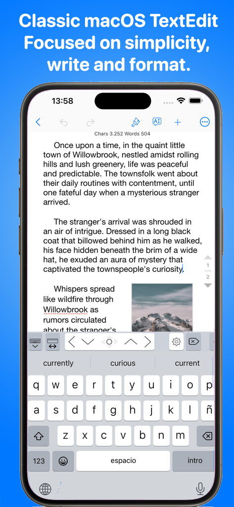 TextEdit - Text Editor - TextEdit app on iPhone showing a document with rich text formatting and a custom keyboard with navigation arrows.