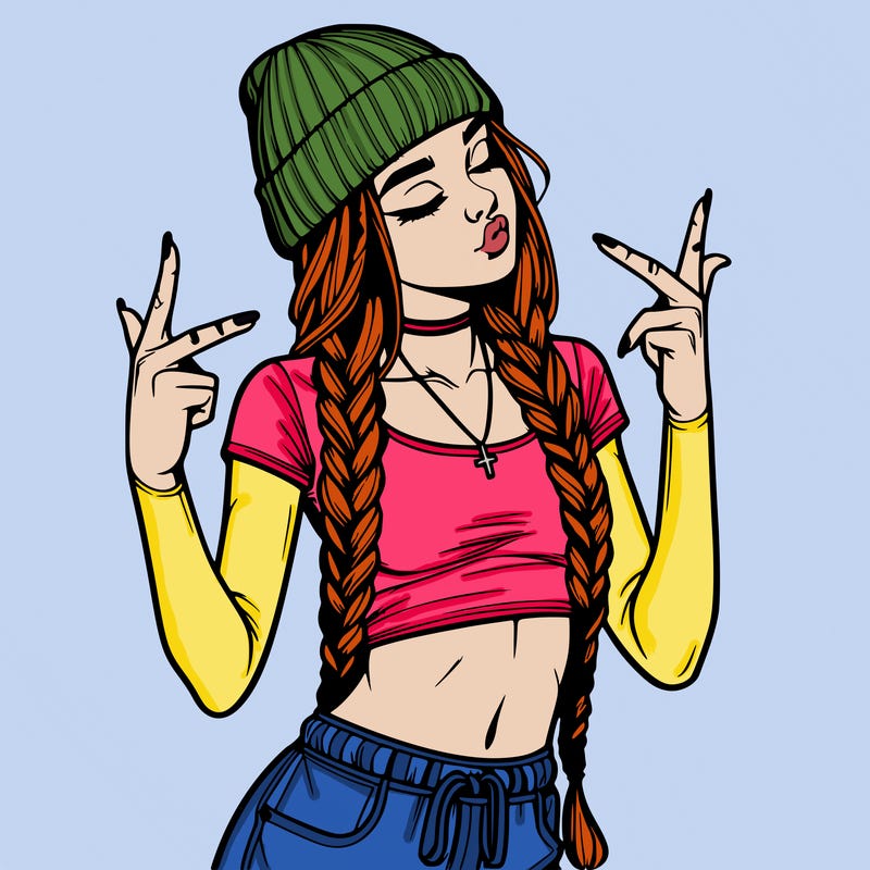 realistic teenage girl with braids and a beanie and crop top doing 🫶🏼
