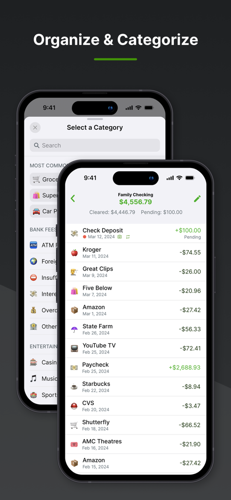 Balance Pro: Money & Budget - Balance Pro mobile app showing a transaction list and category selection for budget management.