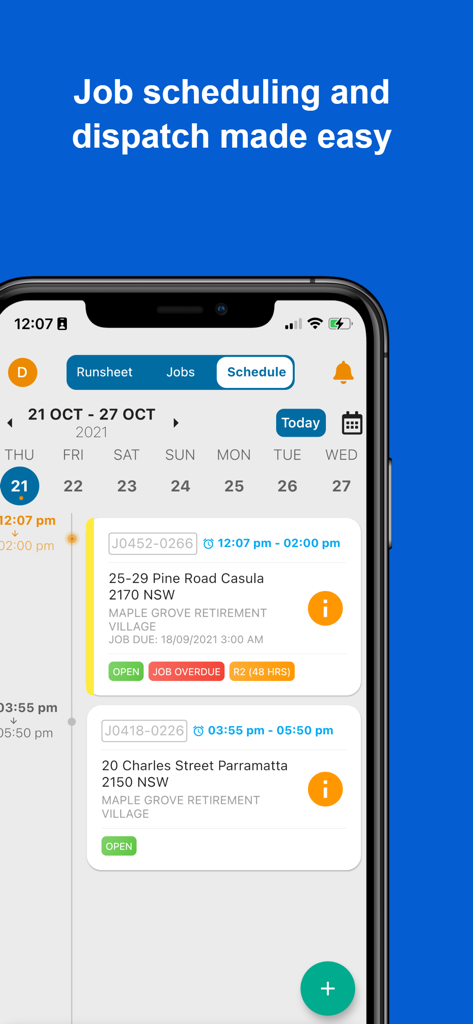 WorkBuddy app interface showing mobile job scheduling and dispatch management for contractors
