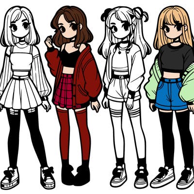 one girl with crop-top shirt and a jacket with a skirt, long socks and another girl with a shirt and pants with a jacket