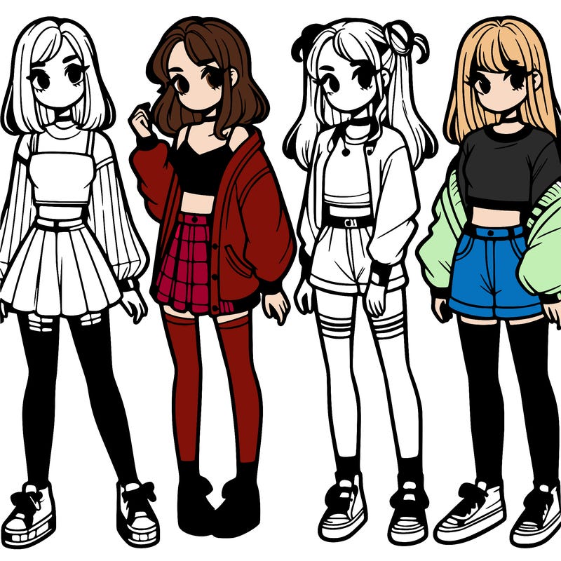 one girl with crop-top shirt and a jacket with a skirt, long socks and another girl with a shirt and pants with a jacket