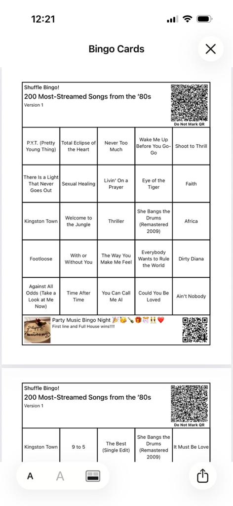 Shuffle Music Bingo - Game - A music bingo card featuring popular 80s song titles generated by the Shuffle Music Bingo app.