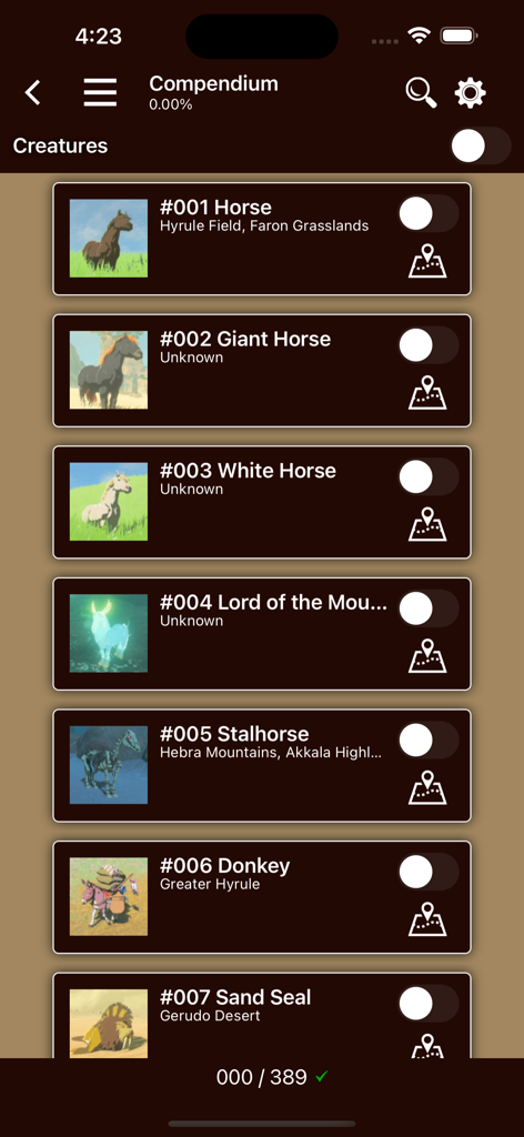 Breath Companion app screenshot showing the creatures compendium with a list of horses and tracking progress.