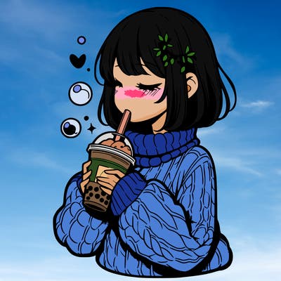 manga girl drinking boba in cozy sweater