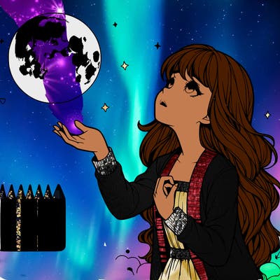 realistic girl looking up at the moon reaching her hand out