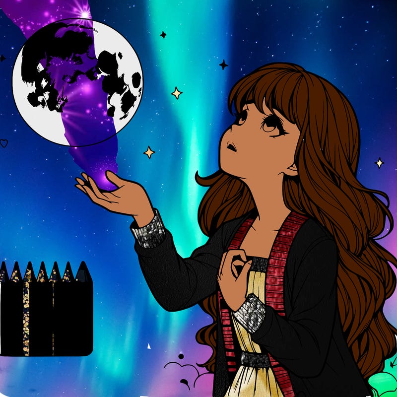 realistic girl looking up at the moon reaching her hand out