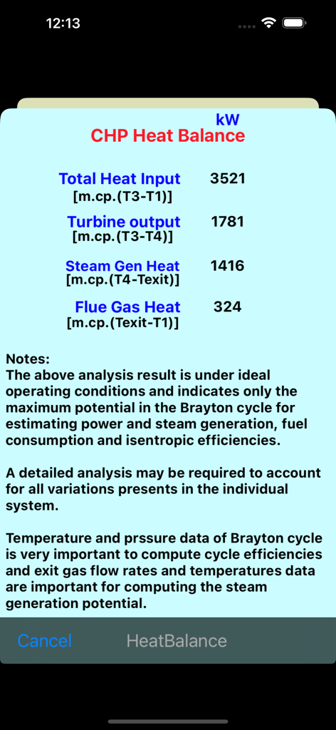 Ergebnisse der Kraft-Wärme-Kopplungs-Energiebilanz, angezeigt in der mobilen Boiler Efficiency Anwendung.