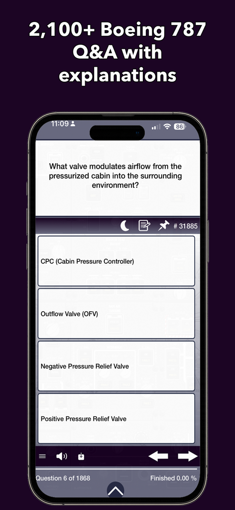 A mobile interface for the Boeing 787 Training Guide PRO app displaying a multiple choice question about aircraft systems.