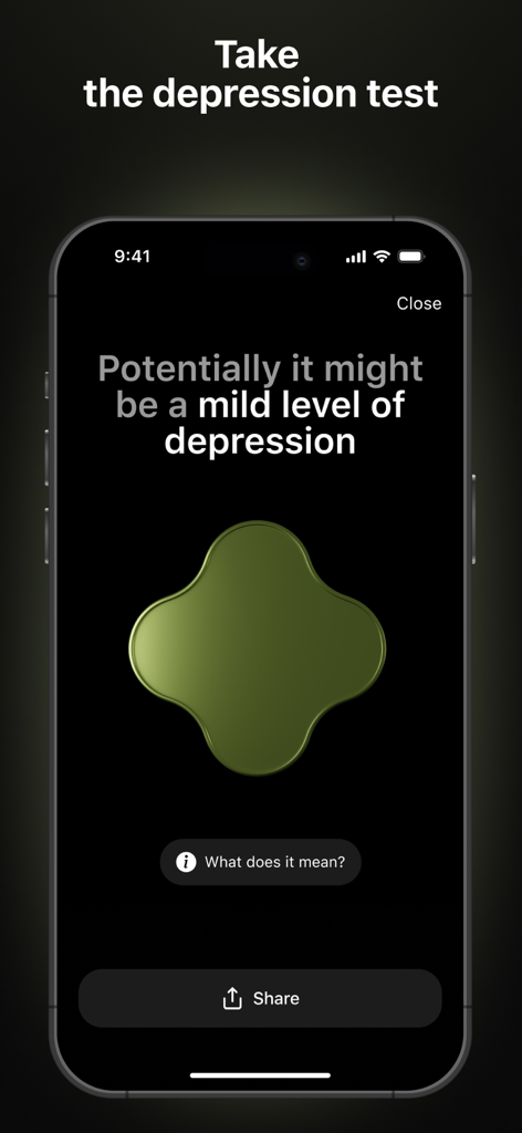 Feel Up: Mood & Habit Tracker - Captura de pantalla de la aplicación Feel Up que muestra los resultados de una prueba de depresión en la pantalla de un smartphone.