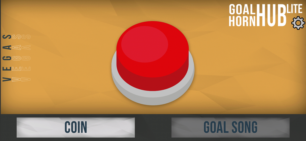 Goal Horn Hub Lite - A large red goal horn button on a Vegas Golden Knights themed interface in the Goal Horn Hub Lite app.