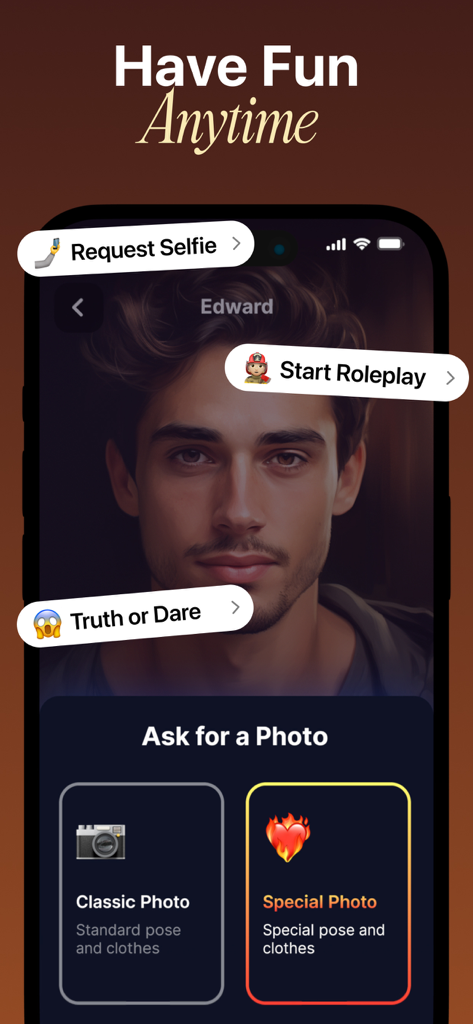Mobile app interface of Ai Boyfriend Chat showing a virtual character named Edward with options for roleplay and requesting photos.