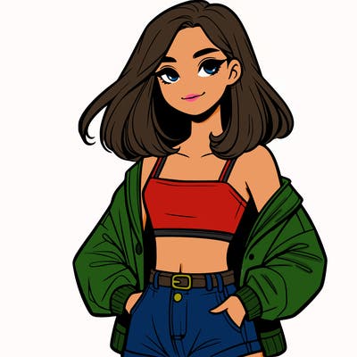 a realistic girl with a crop top and short shorts in an open jacket