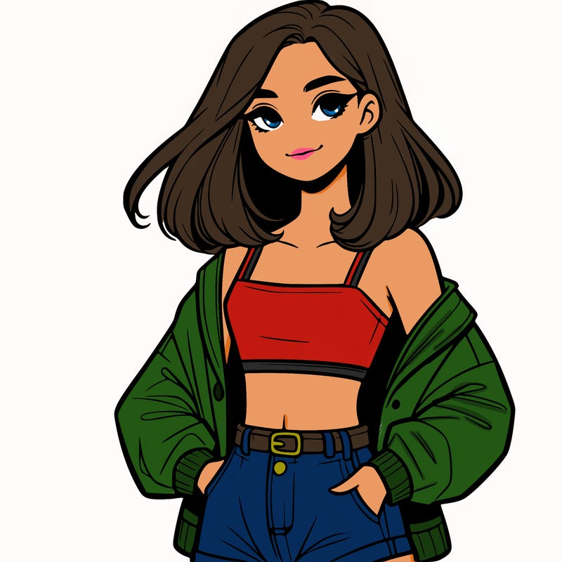 a realistic girl with a crop top and short shorts in an open jacket