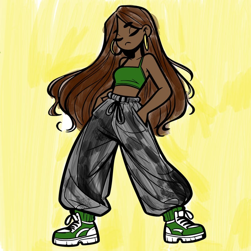 girl in baggy pants crop top and long hair