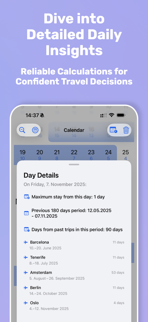Écran de l'application Calculateur Schengen montrant les détails quotidiens du séjour et l'historique des voyages pour la planification de voyages en Europe