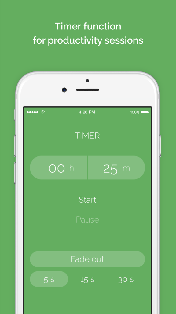 Noisli - Noisli app interface showing a 25-minute productivity timer with fade-out options on a green background.