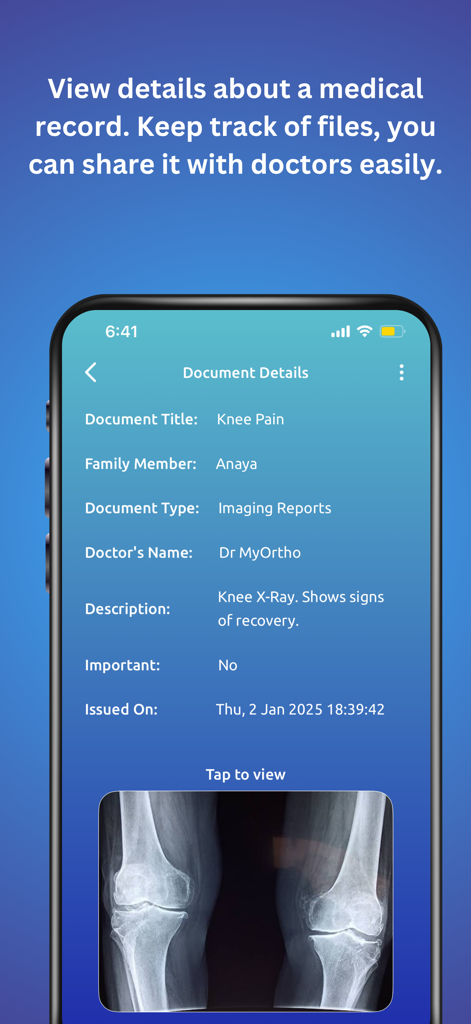 A screenshot of the MediTrack app showing document details for a family member's knee X-ray report with doctor information and date.