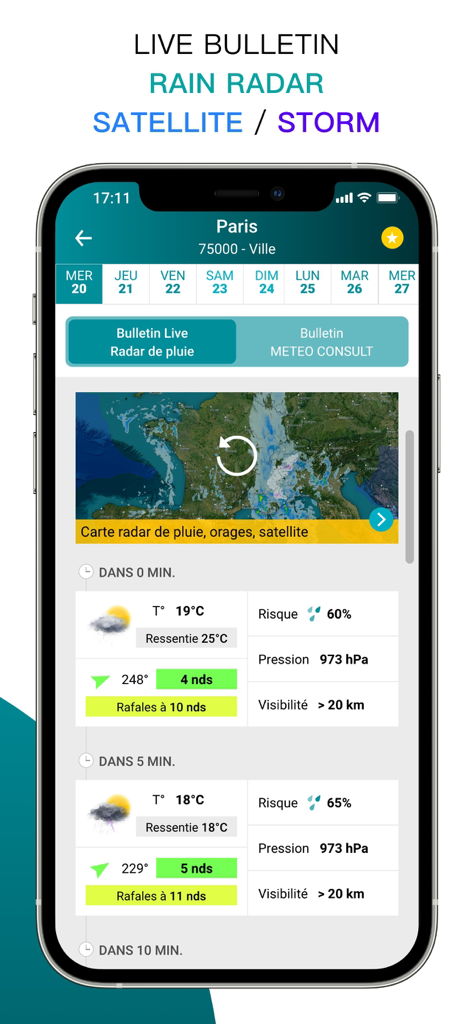 METEO CONSULT - App meteorologica METEO CONSULT che mostra lo schermo del bollettino in tempo reale con radar pioggia e previsioni dettagliate