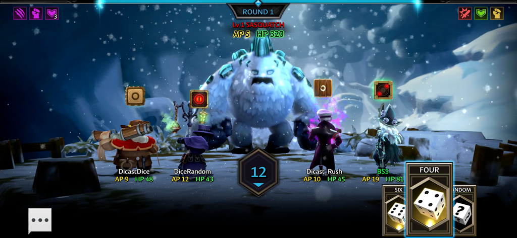 A team of heroes battling a giant Sasquatch monster in the Dicast Rules of Chaos mobile game.