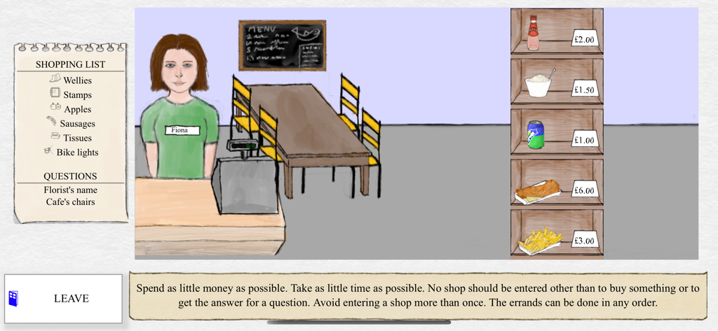 OxMET - Interface of the OxMET cognitive assessment showing a virtual shopping task with a list of items and a store counter